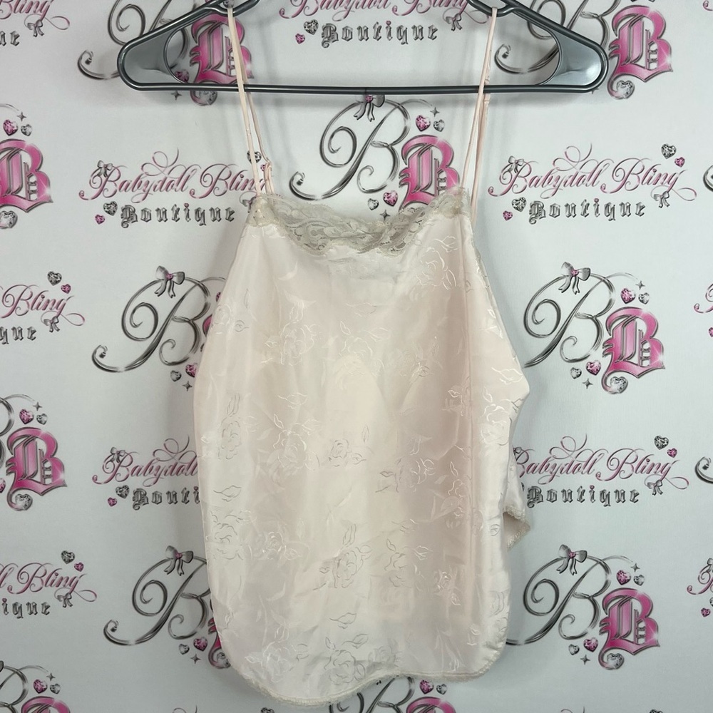 Linda La Vie En Rose tank top cami vintage lace floral shiny Cream Lace Camisole